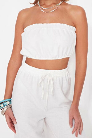 Moda Dokuma Yüksek Bel Düz Straplez Plaj Beyaz Dokuma Bluz Pantolon Takım