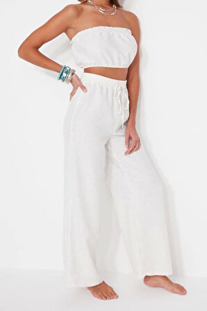 Moda Dokuma Yüksek Bel Düz Straplez Plaj Beyaz Dokuma Bluz Pantolon Takım