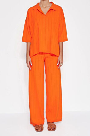 Moda Triko Düz Polo Yaka Casual Günlük Yeşil Basic Fitilli Triko Alt-Üst Takım