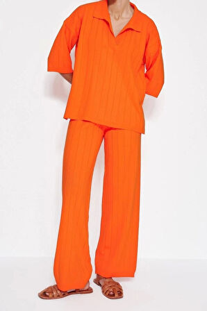 Moda Triko Düz Polo Yaka Casual Günlük Yeşil Basic Fitilli Triko Alt-Üst Takım