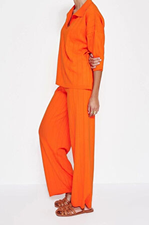 Moda Triko Düz Polo Yaka Casual Günlük Yeşil Basic Fitilli Triko Alt-Üst Takım