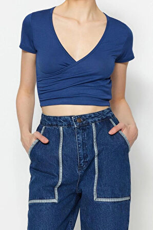 Moda Kruvaze Örme Slim Düz Desen Casual Günlük Crop Kısa Kol Bluz