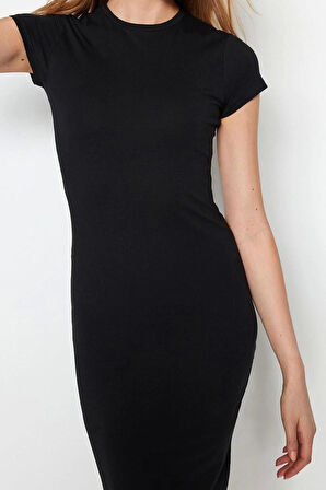 Moda Slim Casual Günlük Likralı Süprem Örme Bisiklet Yaka Kısa Kol Bodycone Midi Boy Elbise