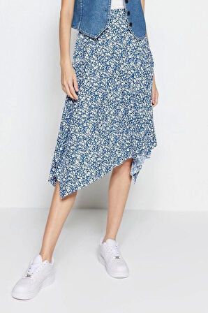 Moda Relaxed Animal Desen Günlük Midi Boy Leopar Desenli Volanlı Asimetrik Midi Esnek Örme Etek