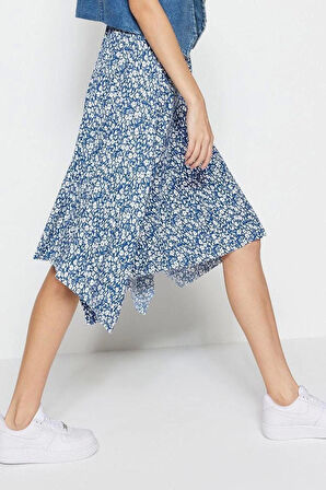 Moda Relaxed Animal Desen Günlük Midi Boy Leopar Desenli Volanlı Asimetrik Midi Esnek Örme Etek