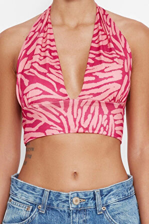 Moda Boyundan Bağlamalı Örme Slim Soyut Desen Casual Günlük Super Crop Kolsuz Bluz