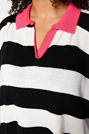 Büyük Beden Kadın Modern Tarz Rahat Uzun Polo Yaka Çizgili Kol Regular Triko Kazak