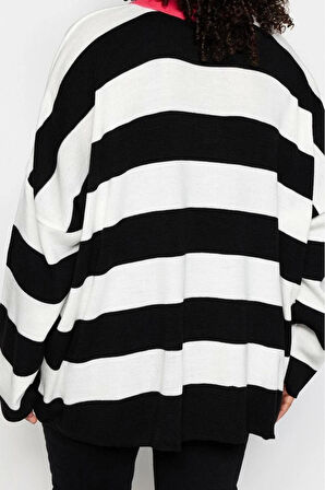 Büyük Beden Kadın Modern Tarz Rahat Uzun Polo Yaka Çizgili Kol Regular Triko Kazak