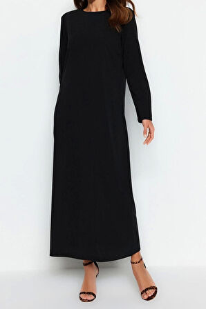 Moda Rahat Casual Günlük Krep Örme Bisiklet Yaka Uzun Kol Straight Uzun Boy Tesettür Elbise