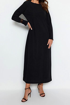 Moda Rahat Casual Günlük Krep Örme Bisiklet Yaka Uzun Kol Straight Uzun Boy Tesettür Elbise