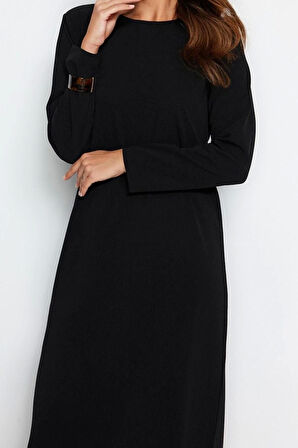 Moda Rahat Casual Günlük Krep Örme Bisiklet Yaka Uzun Kol Straight Uzun Boy Tesettür Elbise