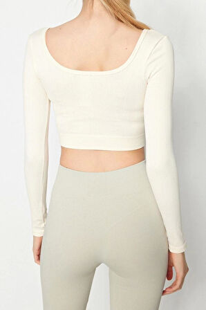 Moda Kare Yaka Örme Fit Düz Desen Sportswear Crop Uzun Kol Bluz