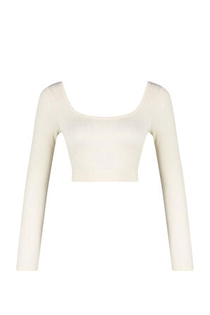 Moda Kare Yaka Örme Fit Düz Desen Sportswear Crop Uzun Kol Bluz