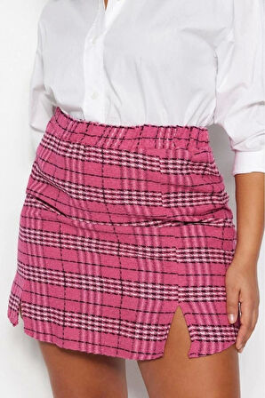Moda Büyük Beden Pileli Ekose Desen Gündüz Gece Mini Boy Ekose Desenli Tüvit Etek