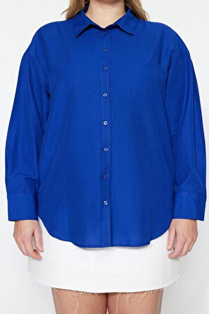 Moda Kadın Büyük Beden Gömlek Yaka Düz Desen Günlük Boyfriend Dokuma Gömlek