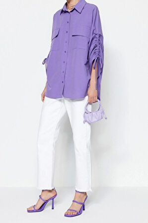 Moda Kadın Tesettür Gömlek Yaka Günlük Kolları Ayarlanabilir Büzgü Detaylı Dokuma Pamuklu Gömlek