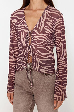 Moda V Yaka Örme Regular Animal Desen Casual Günlük Regular Uzun Kol Bluz