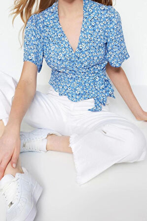 Moda Ceket Yaka Dokuma Fit Çiçekli Desen Casual Günlük Crop Kısa Kol Bluz