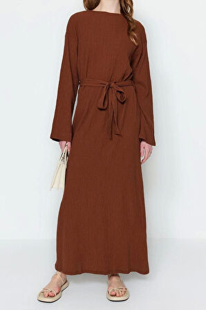 Moda Regular Casual Günlük Crinkle Dokuma Bisiklet Yaka Uzun Kol A-Line Maxi Boy Tesettür Elbise