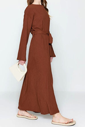 Moda Regular Casual Günlük Crinkle Dokuma Bisiklet Yaka Uzun Kol A-Line Maxi Boy Tesettür Elbise