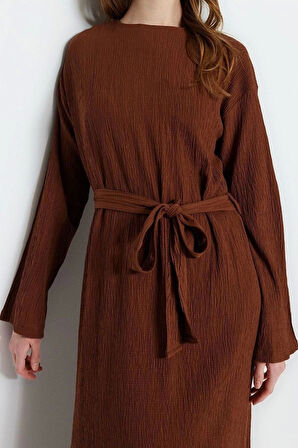 Moda Regular Casual Günlük Crinkle Dokuma Bisiklet Yaka Uzun Kol A-Line Maxi Boy Tesettür Elbise