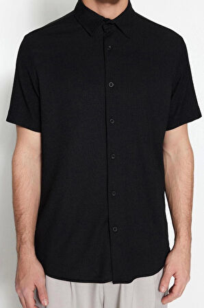 Moda Erkek Gömlek Yaka Düz Desen Günlük Regular Fit Kısa Kol Yazlık Dokulu Örme Gömlek