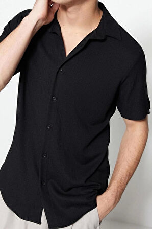 Moda Erkek Gömlek Yaka Düz Desen Günlük Regular Fit Kısa Kol Yazlık Dokulu Örme Gömlek