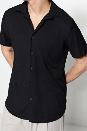 Moda Erkek Gömlek Yaka Düz Desen Günlük Regular Fit Kısa Kol Yazlık Dokulu Örme Gömlek