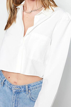 Moda Kadın Gömlek Yaka Düz Desen Resmi Crop Regular Normal Kalıp Dokuma Gömlek