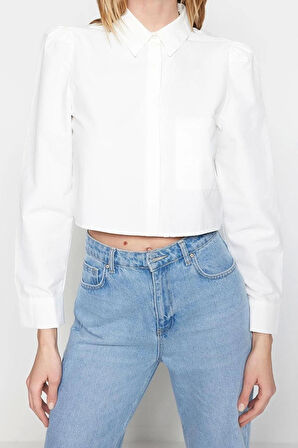 Moda Kadın Gömlek Yaka Düz Desen Resmi Crop Regular Normal Kalıp Dokuma Gömlek