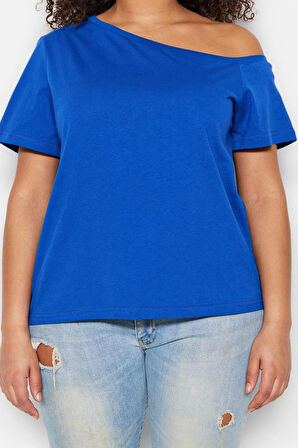 Moda Büyük Beden Devrik Yaka Örme Regular Düz Desen Casual Günlük Crop Kısa Kol Bluz
