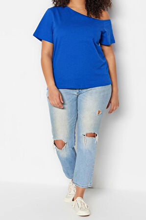 Moda Büyük Beden Devrik Yaka Örme Regular Düz Desen Casual Günlük Crop Kısa Kol Bluz