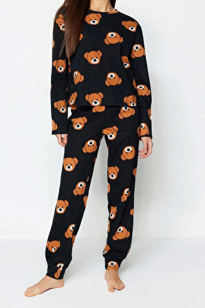 Tarz Rahat Uzun Kollu Boru Paça %100 Pamuklu Ayıcık Desenli Örme Pijama Takımı