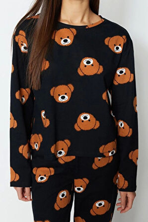 Tarz Rahat Uzun Kollu Boru Paça %100 Pamuklu Ayıcık Desenli Örme Pijama Takımı