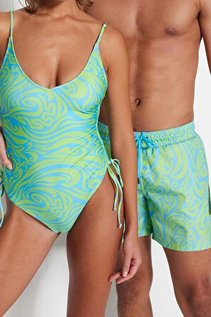 Kadın Moda Atma Kap Askılı Brief Yaka Soyut Desenli Tünelli Regular Mayo