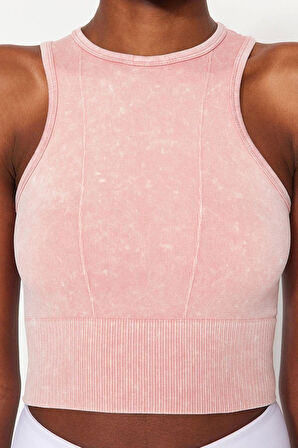 Moda Halter Yaka Örme Fit Düz Desen Sportswear Crop Kolsuz Bluz