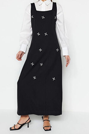 Moda Jile Casual Günlük Finike Dokuma Kare Yaka Kolsuz Kol Jile Maxi Boy Tesettür Elbise