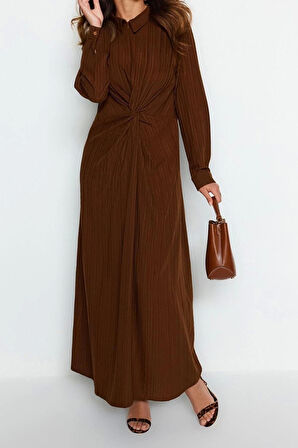 Moda Regular Casual Günlük Crinkle Dokuma Gömlek Yaka Uzun Kol Shift Maxi Boy Tesettür Elbise