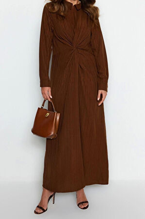 Moda Regular Casual Günlük Crinkle Dokuma Gömlek Yaka Uzun Kol Shift Maxi Boy Tesettür Elbise