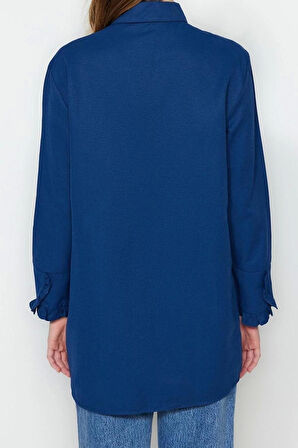 Moda Kadın Tesettür Gömlek Yaka Düz Desen Günlük Fırfırlı Denim Görünümlü Dokuma Pamuklu Gömlek