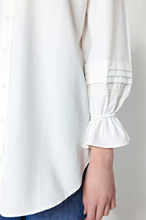 Moda Kadın Tesettür Gömlek Yaka Düz Desen Günlük Dantel Mesh File Regular Terrycotton Düz Dokuma