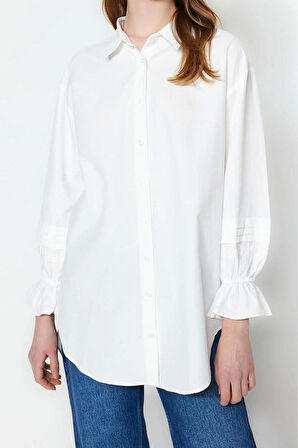 Moda Kadın Tesettür Gömlek Yaka Düz Desen Günlük Dantel Mesh File Regular Terrycotton Düz Dokuma