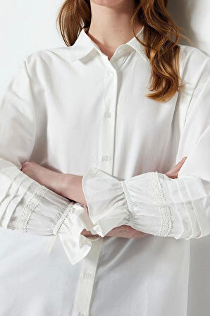 Moda Kadın Tesettür Gömlek Yaka Düz Desen Günlük Dantel Mesh File Regular Terrycotton Düz Dokuma