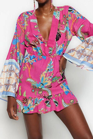 Moda Fit Plaj Günlük Vual Dokuma V Yaka Uzun Kol Eteği Fırfırlı Mini Boy Elbise