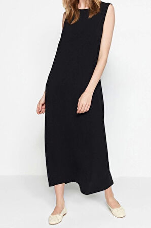 Moda Regular Casual Günlük Aerobin Dokuma Bisiklet Yaka Kolsuz Kol Shift Maxi Boy Tesettür Elbise