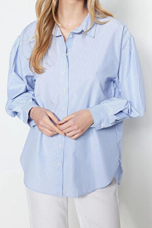 Moda Kadın Gömlek Yaka Çizgili Desen Günlük Basic Çizgili Oversize Geniş Kalıp Dokuma Gömlek