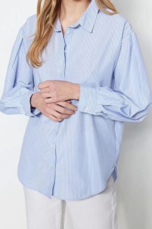 Moda Kadın Gömlek Yaka Çizgili Desen Günlük Basic Çizgili Oversize Geniş Kalıp Dokuma Gömlek