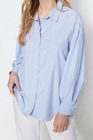 Moda Kadın Gömlek Yaka Çizgili Desen Günlük Basic Çizgili Oversize Geniş Kalıp Dokuma Gömlek
