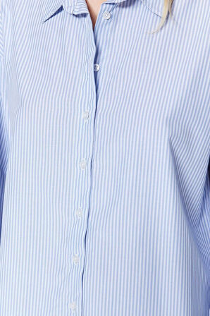 Moda Kadın Gömlek Yaka Çizgili Desen Günlük Basic Çizgili Oversize Geniş Kalıp Dokuma Gömlek