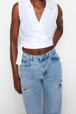 Moda Kruvaze Dokuma Fit Düz Desen Casual Günlük Crop Kolsuz Bluz